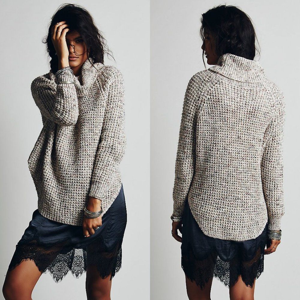 Free People Chunky Cowl Neck Sweater in Marled Cream